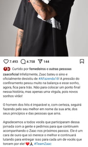 MC Zaac também bateu o sino de A Fazenda 16 