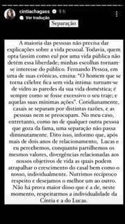 Antes de decidir abrir um BO de agressão contra Lucas Bove, Cíntia Chagas anunciou a separação nas redes sociais