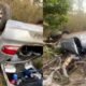 Mulher cochila ao volante, perde controle e capota carro na MG-181, em Bonfinópolis de Minas