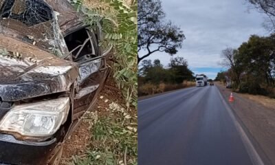 Motorista desvia de carro na contramão, sai da pista e bate em árvore na BR-040 em João Pinheiro; dois ficam feridos