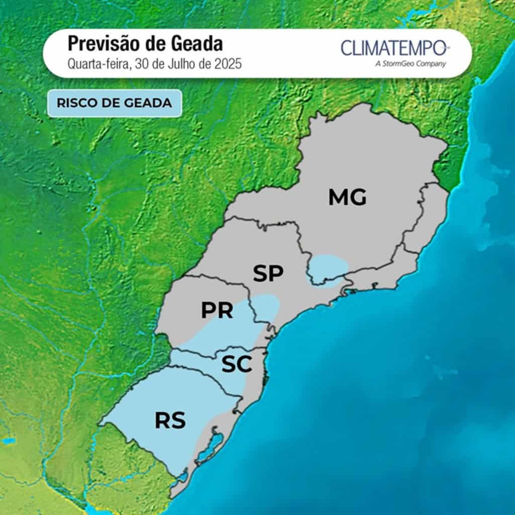geado nas regiões sul e sudeste na quarta-feira, 30 de julho