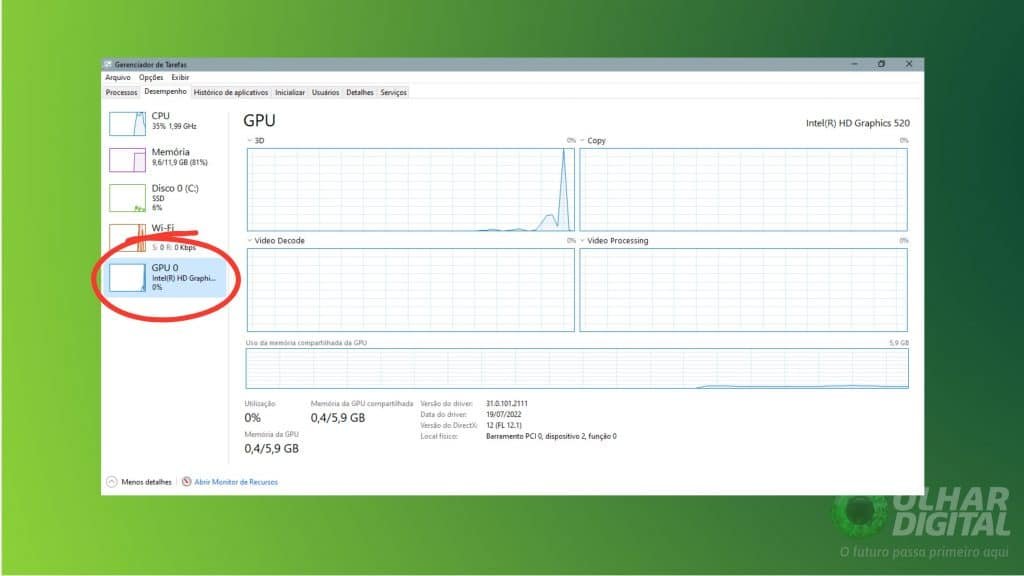 print do gerenciador de tarefas na verificando desempenho da GPU