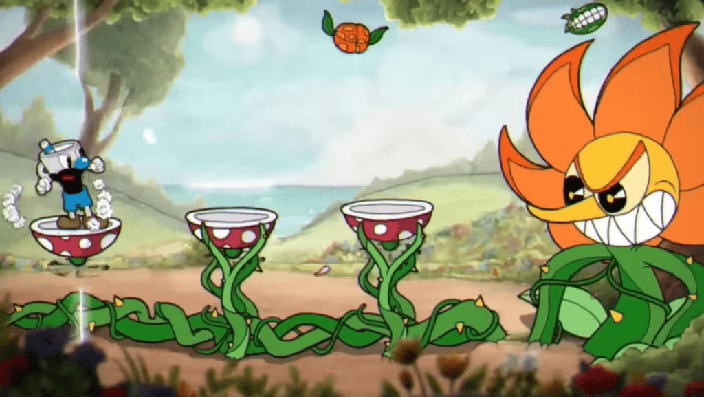 jogo cuphead mostra um girasol segurando dois copos