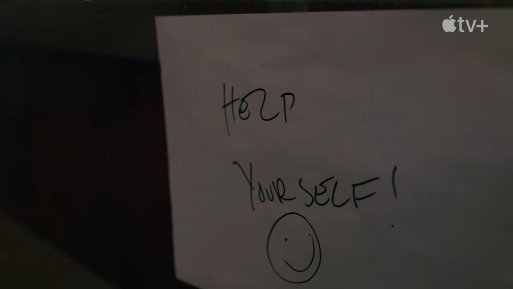 Papel no qual se lê "help yourself" e, embaixo, uma carinha feliz desenhada