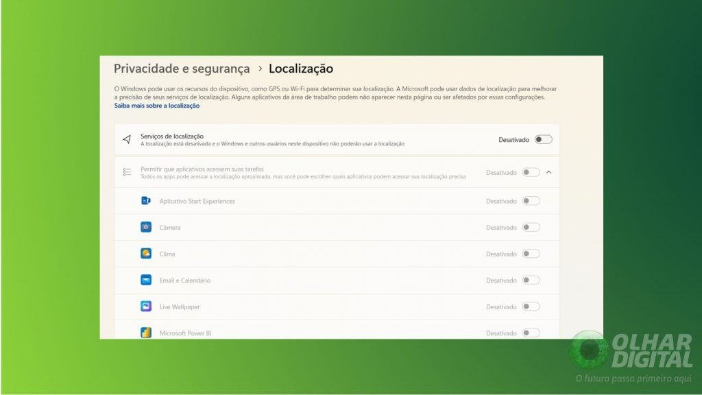 Print das configurações de privacidade do Windows 11