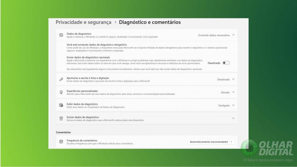 Print das configurações de privacidade do Windows 11