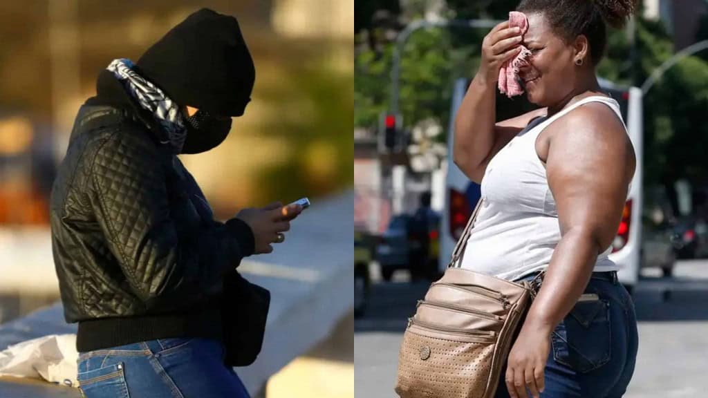 Montagem com fotos de pessoa agasalha mexendo no celular em dia frio e de mulher de regata secando suor do rosto em dia quente