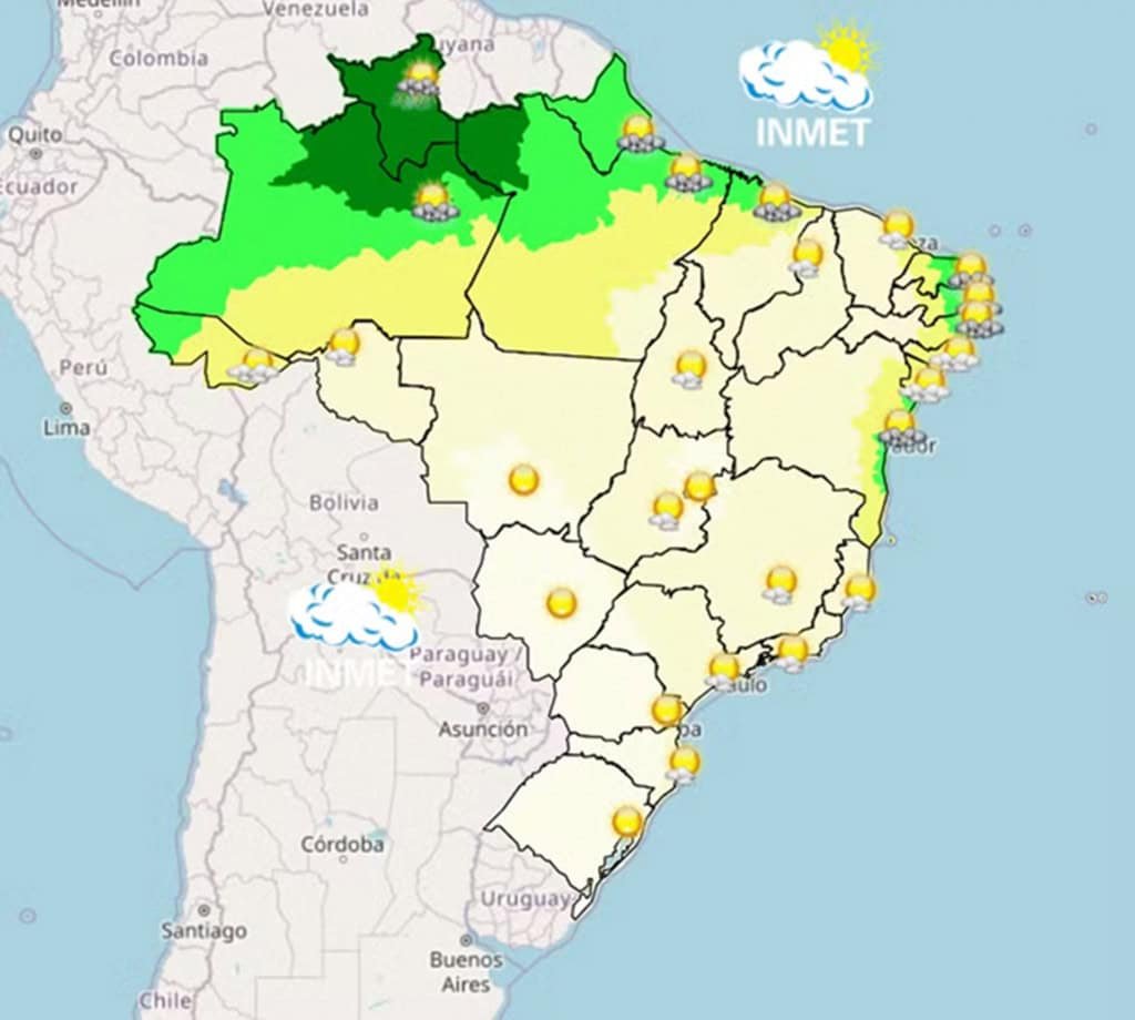 Previsão de chuva para esta sexta-feira, 15 de agosto, com destaque para precipitações nas regiões Norte e Nordeste
