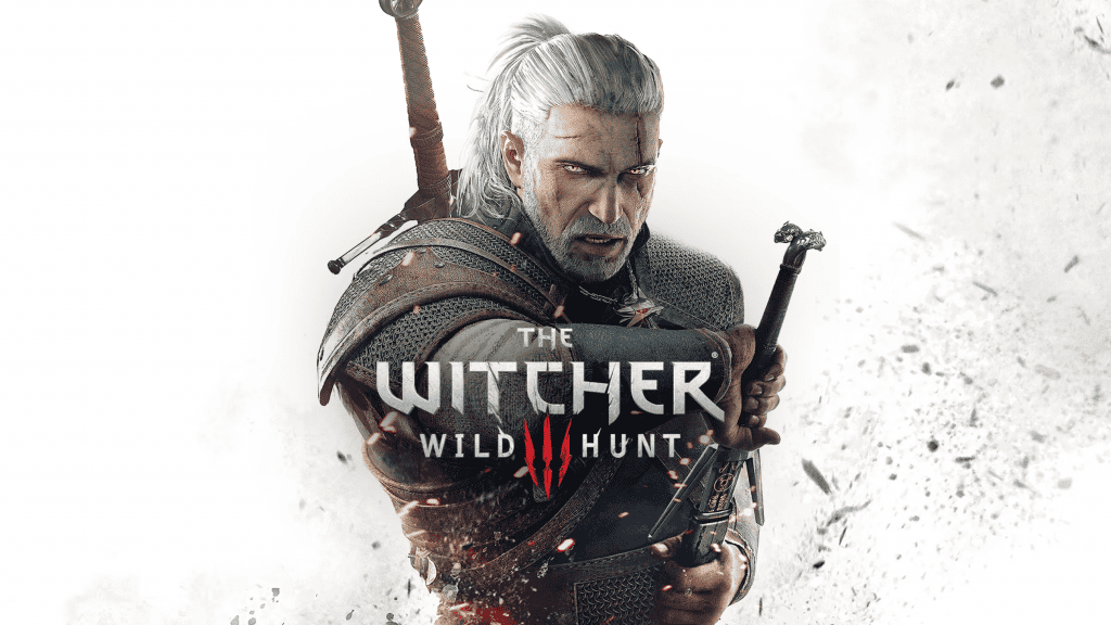 imagem mostra a capa do jogo "Capa do game The Witcher 3: Wild Hunt", onde há o personagem Geralt com seu traje de costume, retirando a espada da bainha