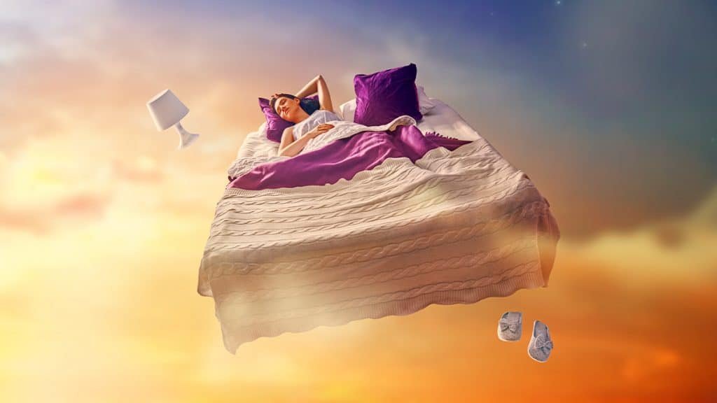 Ilustração de mulher dormindo em cama suspensa no céu