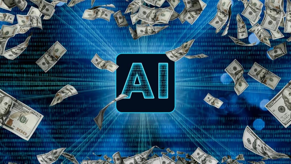 Ilustração de notas de dólares voando ao redor de quadrado com AI escrito, sigla em inglês para Inteligência Artificial