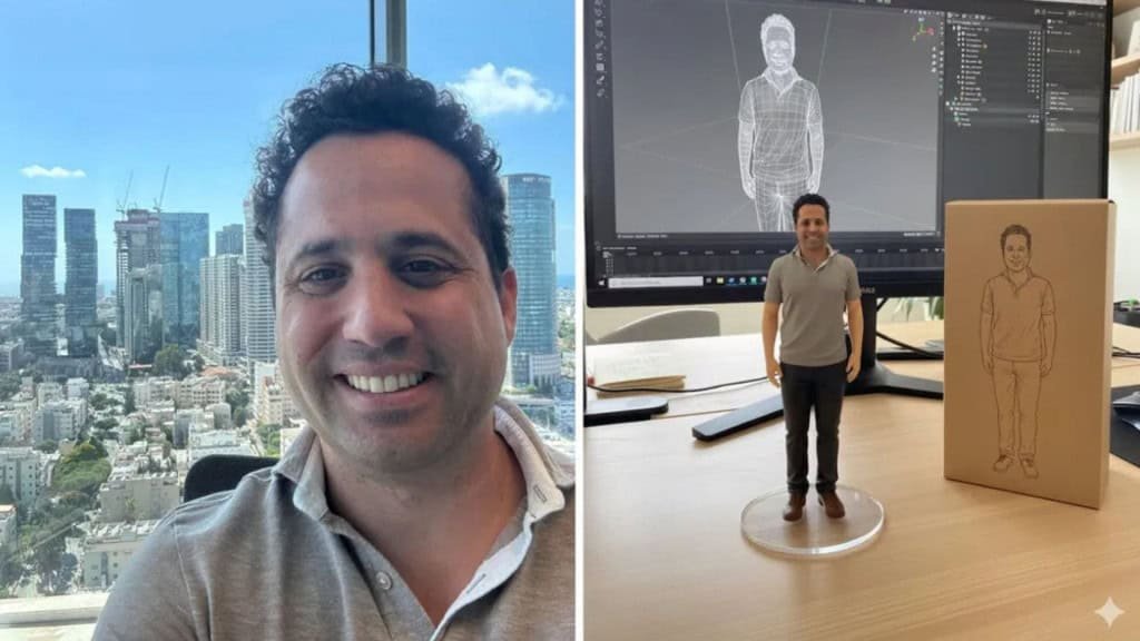 Montagem com selfie de homem e imagem de bonequinho dela gerada pelo Nano Banana do Google