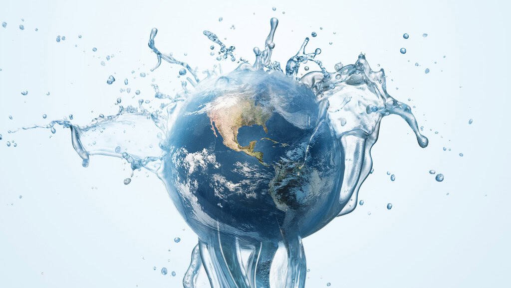 Ilustração do planeta Terra com respingos de água em volta