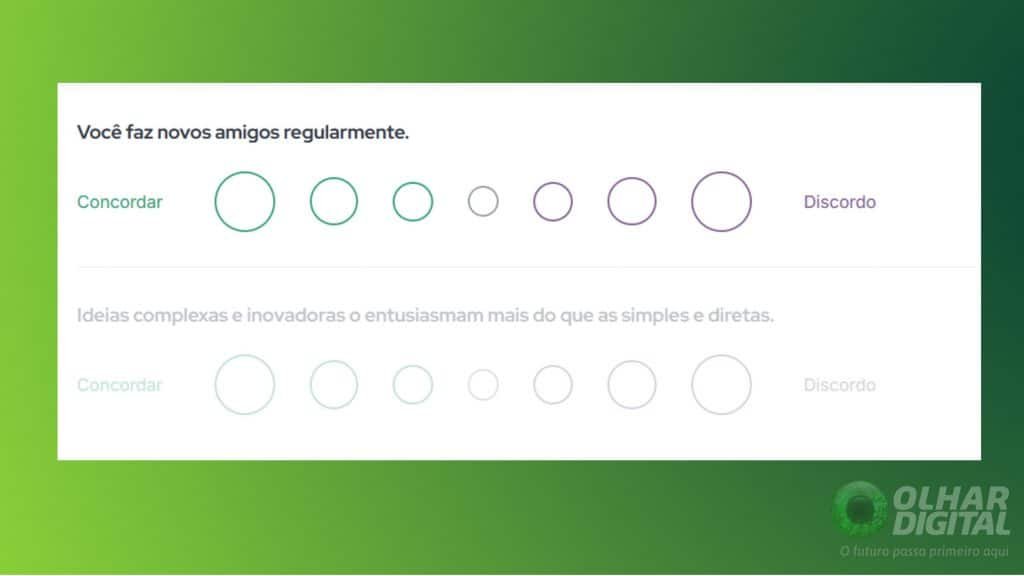 Print de site com os "16 Personalidades" com um exemplo de perguntas presentes no teste