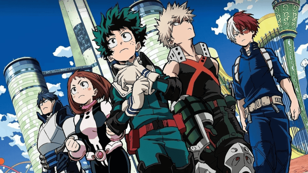 Imagem promocional do anime My Hero Academia, mostrando cinco protagonistas em roupas de heróis, caminhando determinados. Ao fundo, prédios futuristas e céu azul.