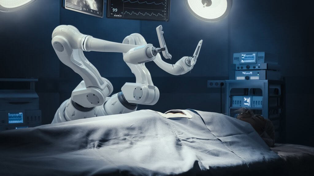 Representação de mãos de robô realizando uma cirurgia
